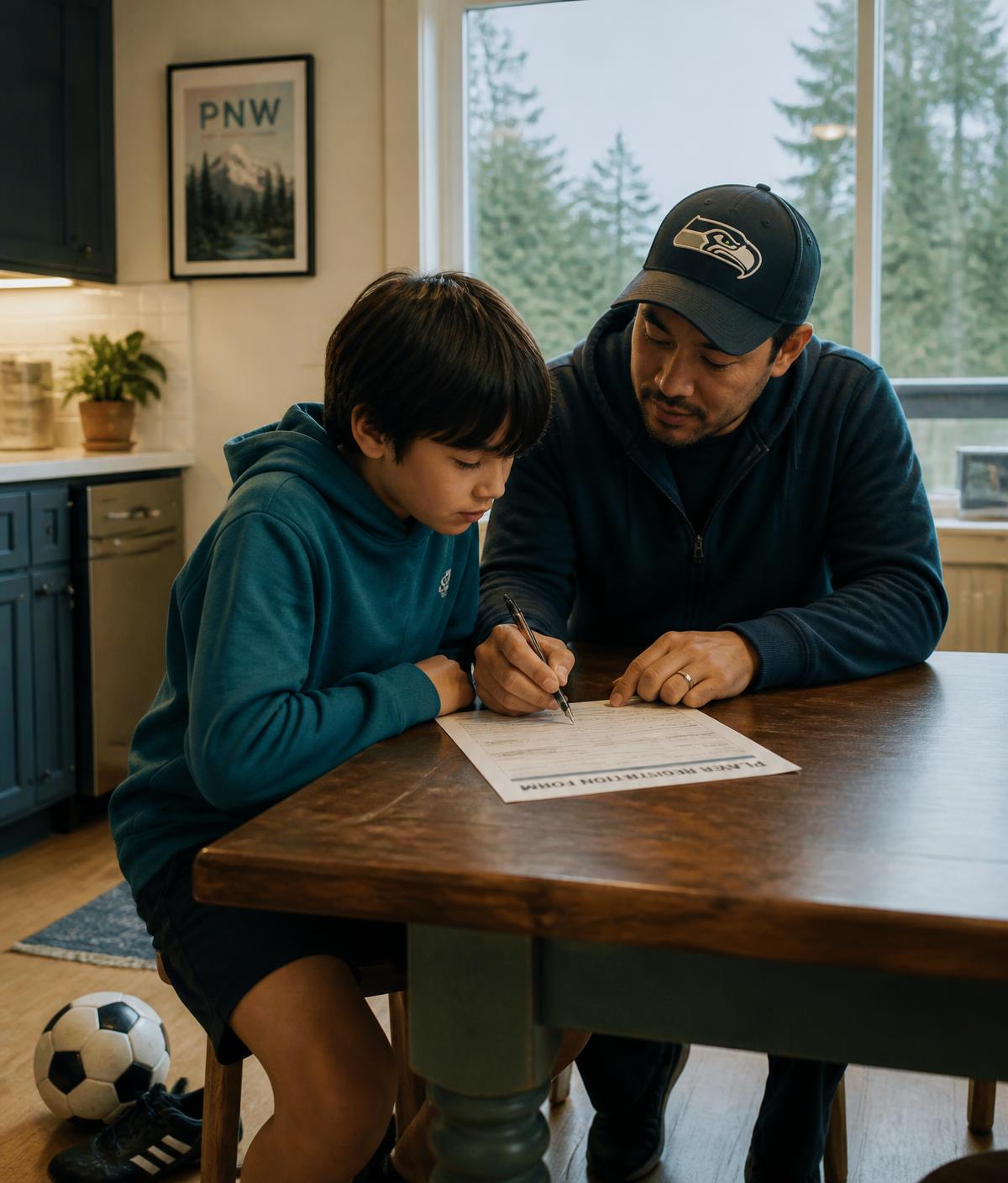 A parent and child filling out a soccer registration form at their kitchen table