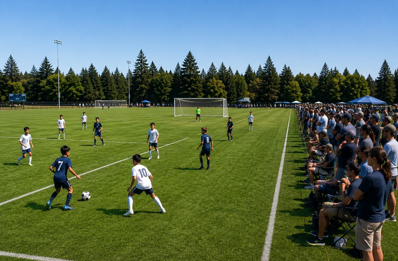 Kids playing youth soccer on a neighborhood field in Washington State